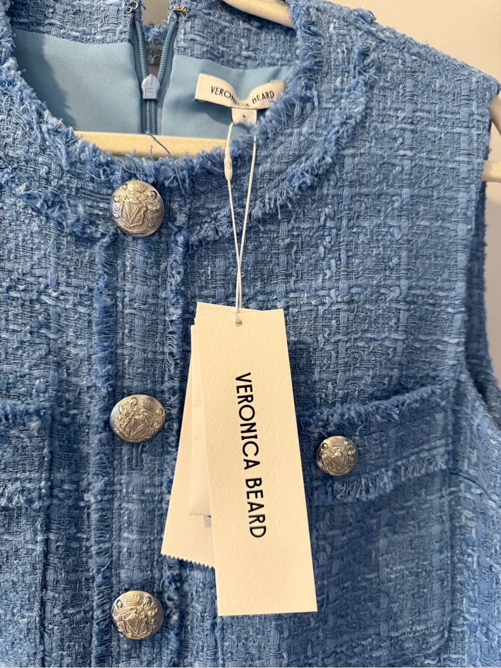 Veronica Beard Sky Blue Tweed Sleeveless Button-Front Mini Dress - Picture 3 of 5